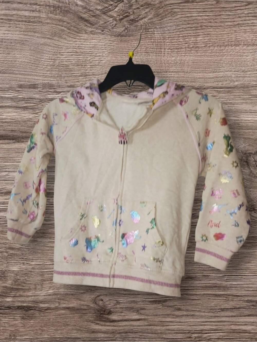 Disney Princess Girls Size 7 Cream Foil Print Zip Hoodie Castle Zipper Pull